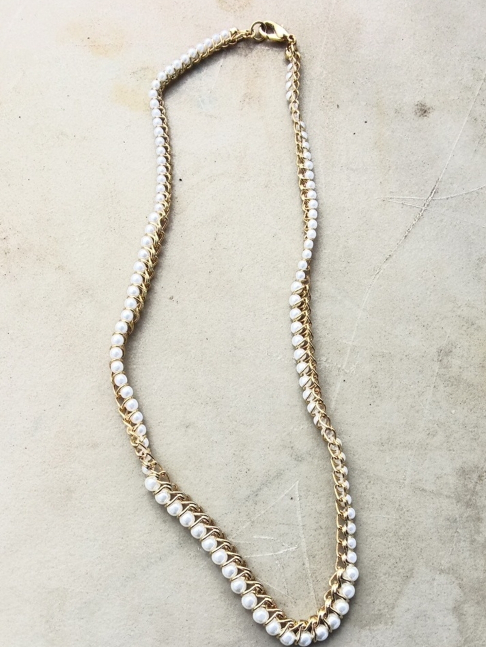 Electroplated Gold Chain Necklace with White Pearls - Women's Jewelry